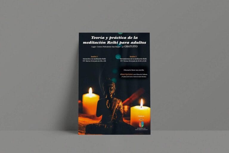 Cartel de un taller de teoría y práctica en la meditación Reiki